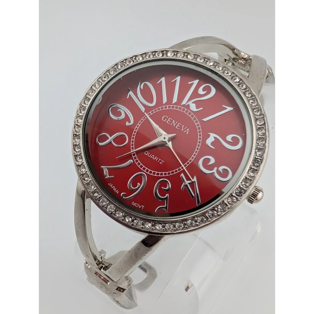 Geneva Watch Women 37mm Case Crystal Bezel Red Dial‎ Bangle Band- New Battery